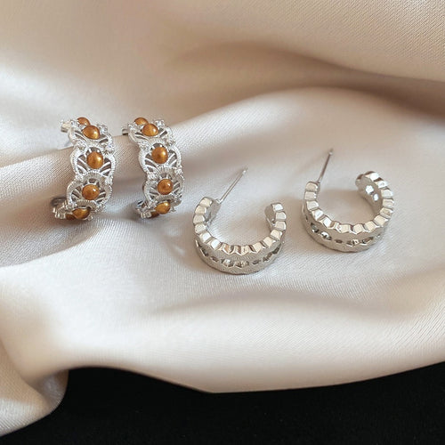 Copper Zircon Hollow C Shape Stud Earrings Geometric Round Luxury Style Fashion Jewelry
