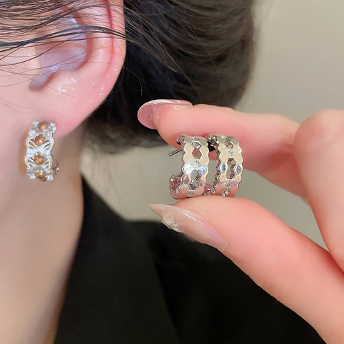 Copper Zircon Hollow C Shape Stud Earrings Geometric Round Luxury Style Fashion Jewelry