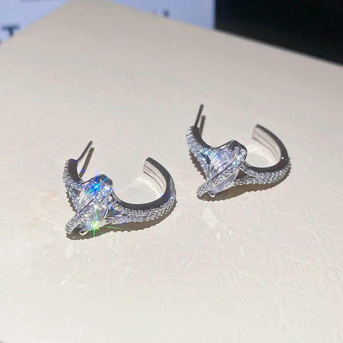 Light Luxury Copper C-Shaped Planet Zircon Stud Earrings With Silver Pins