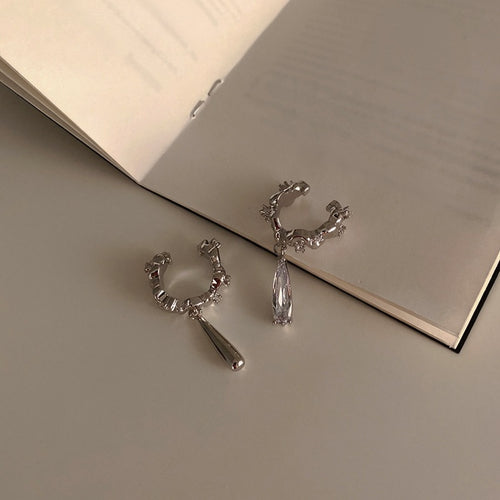 Korean Light Luxury Zircon Copper Teardrop Clip-on Earrings For Women Fashion OL Style