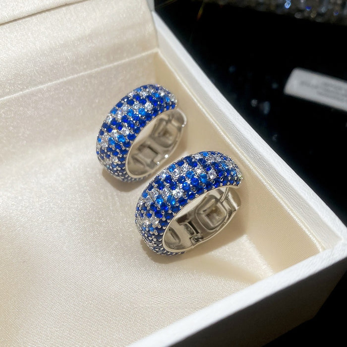 Blue Zircon Round Copper Huggie Earrings, Light Luxury Geometric Fashion Ear Jewelry
