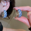 Blue Zircon Round Copper Huggie Earrings, Light Luxury Geometric Fashion Ear Jewelry view 2