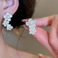Asymmetric Floral Faux Pearl Stud Earrings, Sweet Light Luxury Silver Needle Jewelry view 1
