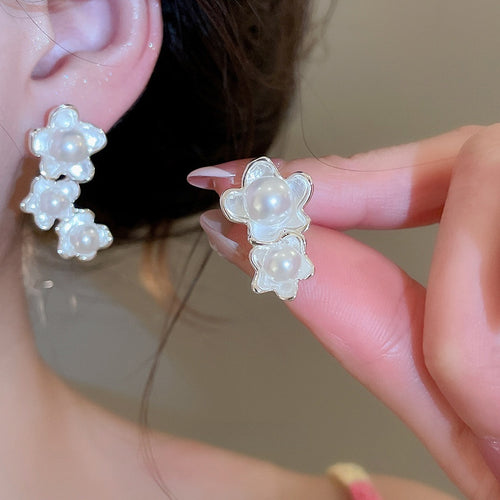Asymmetric Floral Faux Pearl Stud Earrings, Sweet Light Luxury Silver Needle Jewelry