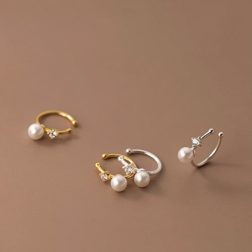French Vintage Faux Pearl Zircon Round Clip-on Earrings, Minimalist Geometric Non-Pierced Ear Cuffs