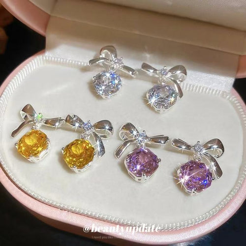 Copper Zircon Flower Bow Stud Earrings Korean Sweet Elegant Light Luxury Jewelry