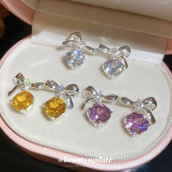 Copper Zircon Flower Bow Stud Earrings Korean Sweet Elegant Light Luxury Jewelry
