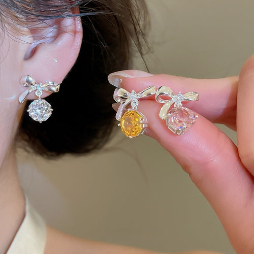 Copper Zircon Flower Bow Stud Earrings Korean Sweet Elegant Light Luxury Jewelry