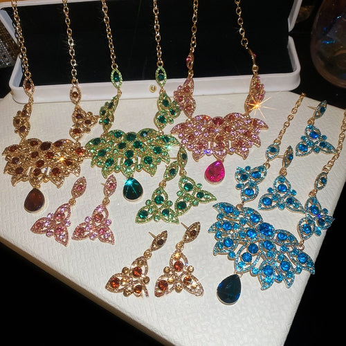 Court Style Alloy Rhinestone Teardrop Flower Pendant Necklace Earrings Jewelry Set