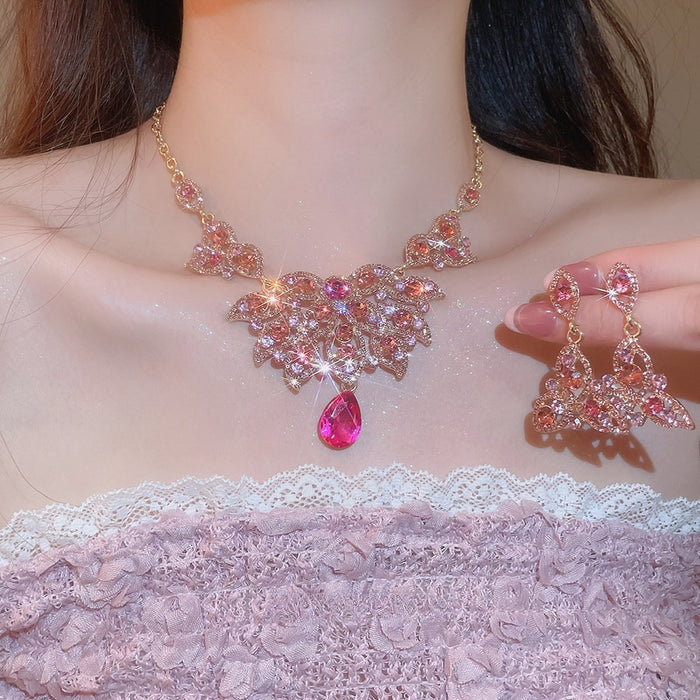 Court Style Alloy Rhinestone Teardrop Flower Pendant Necklace Earrings Jewelry Set