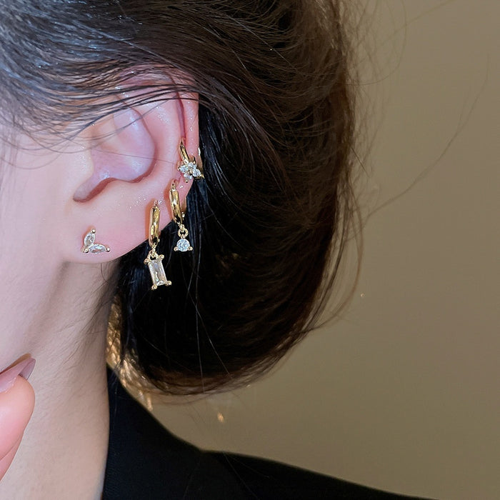 Copper Zircon Round Ear Cuff Jewelry Set Minimalist Geometric Light Luxury Earrings