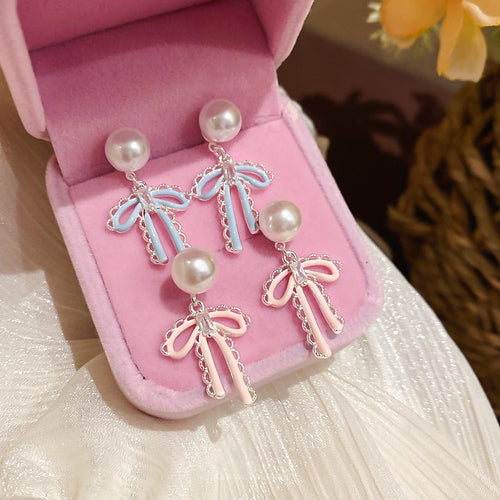 French Elegant Bow Stud Earrings With Zircon Enamel And Faux Pearl Sweet Style Jewelry