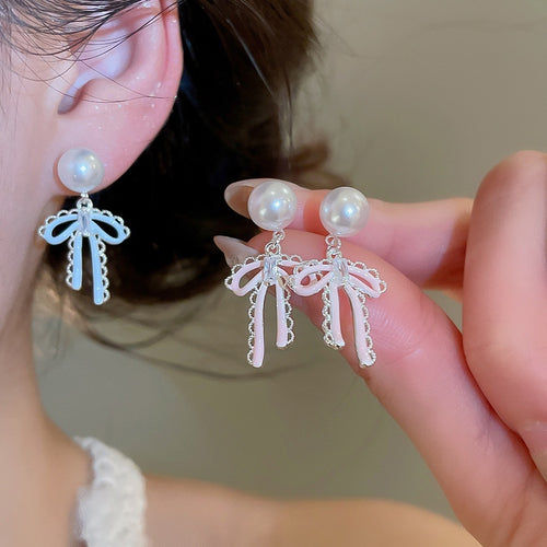 French Elegant Bow Stud Earrings With Zircon Enamel And Faux Pearl Sweet Style Jewelry