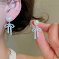 French Elegant Bow Stud Earrings With Zircon Enamel And Faux Pearl Sweet Style Jewelry view 4