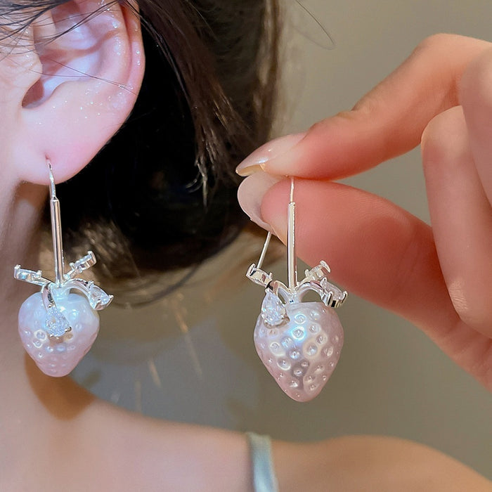 Copper Zircon Enamel Strawberry Drop Hook Earrings Korean Sweet Cute Light Luxury Jewelry