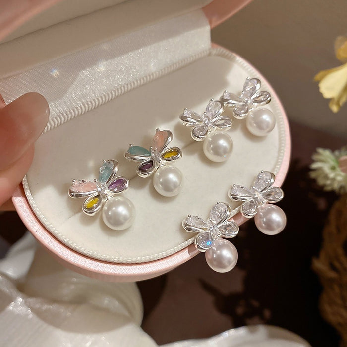 Light Luxury Floral Zircon Faux Pearl Stud Earrings With Silver Pins Elegant Niche Design