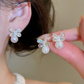 Light Luxury Floral Zircon Faux Pearl Stud Earrings With Silver Pins Elegant Niche Design view 2