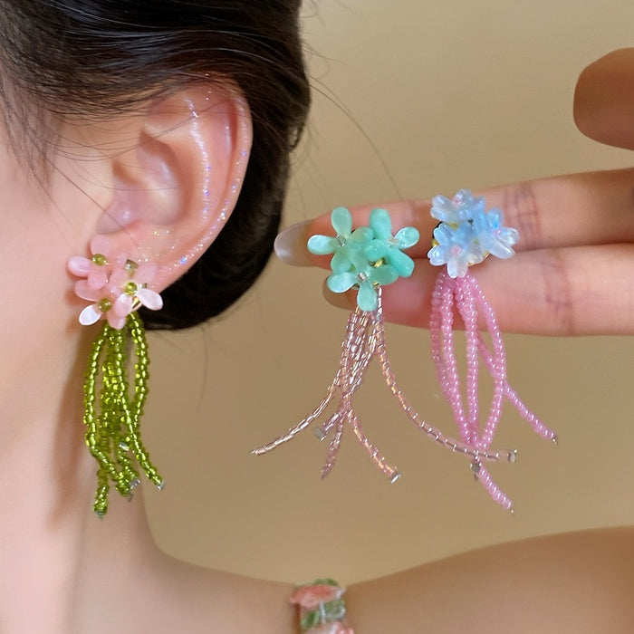 Artificial Crystal Flower Tassel Drop Earrings With Silver Posts Beach Vacation Style