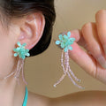 Artificial Crystal Flower Tassel Drop Earrings With Silver Posts Beach Vacation Style view 3
