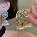 Bohemian Rhinestone Bell Faux Pearl Teardrop Drop Earrings, Vintage Ethnic Stud Style view 1