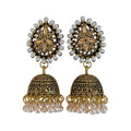 Bohemian Rhinestone Bell Faux Pearl Teardrop Drop Earrings, Vintage Ethnic Stud Style view 5