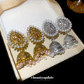 Bohemian Rhinestone Bell Faux Pearl Teardrop Drop Earrings, Vintage Ethnic Stud Style view 4