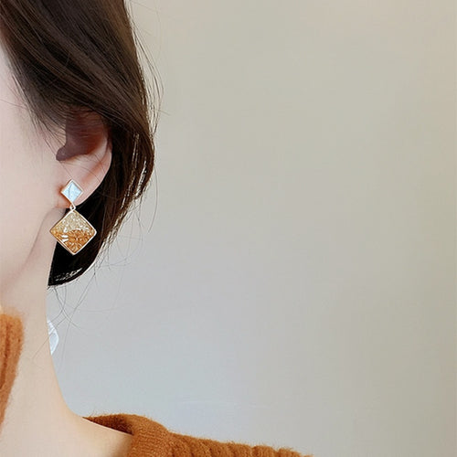 14K Gold Plated Silver Needle Artificial Crystal Rhombus Stud Earrings Minimalist Niche Style
