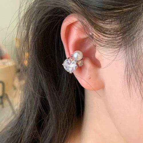 Minimalist Faux Pearl Zircon Square Clip-on Earrings For Women, Geometric No-Piercing Ear Cuffs