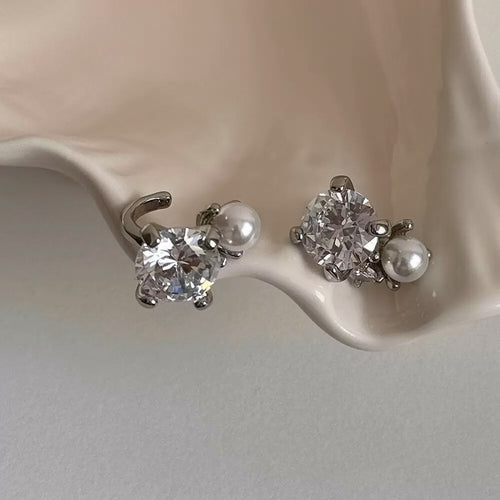 Minimalist Faux Pearl Zircon Square Clip-on Earrings For Women, Geometric No-Piercing Ear Cuffs