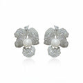 Luxury Floral Zircon Faux Pearl Stud Earrings For Women, European American Statement Style view 5