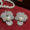 Luxury Floral Zircon Faux Pearl Stud Earrings For Women, European American Statement Style view 3