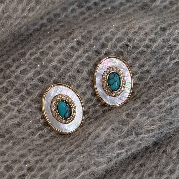 Vintage Oval Shell Mother Of Pearl Zircon Stud Earrings Bohemian Geometric Light Luxury Jewelry