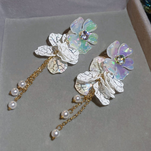 Elegant Faux Pearl Floral Tassel Drop Earrings French Vacation Style Fashion Jewelry