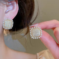 14K Gold Plated Silver Post Zircon Faux Pearl Geometric Minimalist Stud Earrings For Women view 3