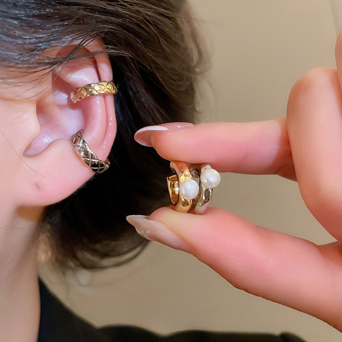 French Style Round Textured Faux Pearl Clip-on Earrings For Women Geometric Office Ear Cuffs