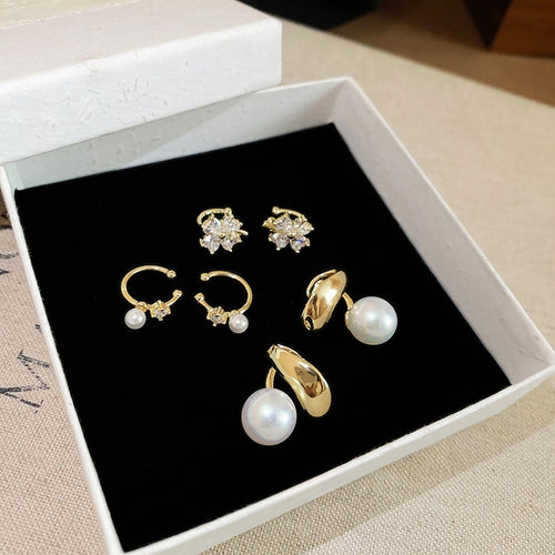 Vintage Zircon Flower Faux Pearl Clip-on Earrings Elegant No Piercing Ear Cuff Jewelry