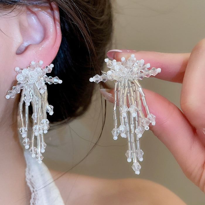 European Style Crystal Flower Tassel Clip-on Earrings For Beach Vacation Elegant Non Pierced Jewelry