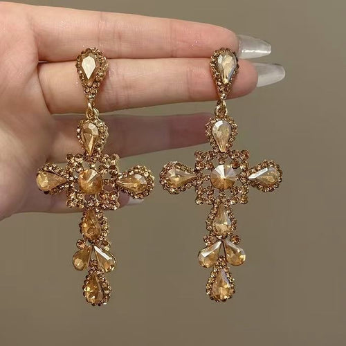 Champagne Zircon Cross Drop Earrings Alloy Geometric Vintage Light Luxury Earrings