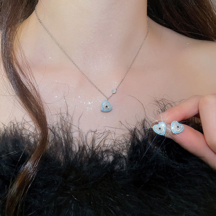 Light Luxury Copper Blue Zircon Heart Stud Earrings And Necklace Jewelry Set For Daily Wear