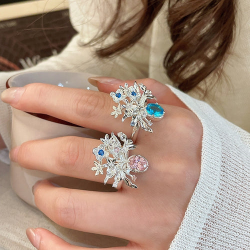 Palace Style Oval Zircon Flower Open Ring For Women