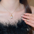 18K Gold Plated Zircon Faux Pearl Necklace, Elegant Old Money Round Geometric Choker for Women view 1