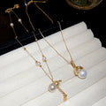 18K Gold Plated Zircon Faux Pearl Necklace, Elegant Old Money Round Geometric Choker for Women view 2