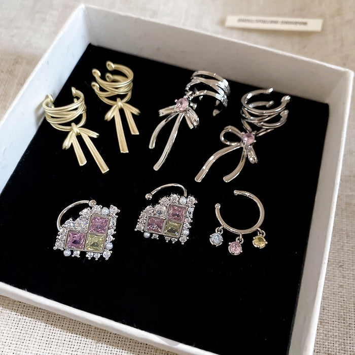 Korean Style Copper Zircon Bow Clip-on Earrings, Elegant No-Piercing Geometric Ear Cuffs