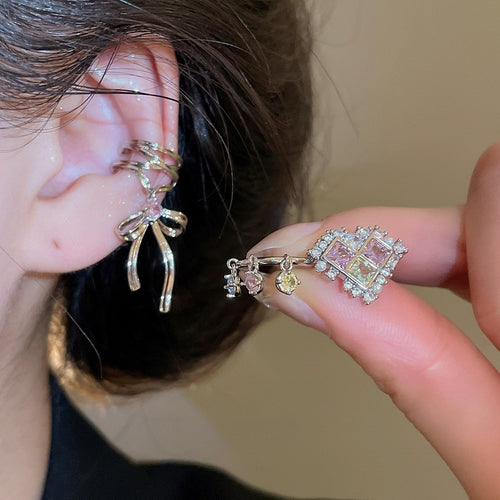 Korean Style Copper Zircon Bow Clip-on Earrings, Elegant No-Piercing Geometric Ear Cuffs