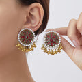 Vintage Ethnic Round Floral Red Rhinestone Faux Pearl Beaded Tassel Bohemian Alloy Stud Earrings view 1