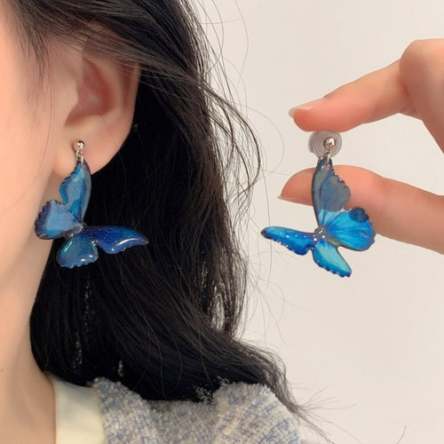 Dreamy Blue Resin Butterfly Drop Earrings Korean Elegant Light Luxury Animal Ear Hooks