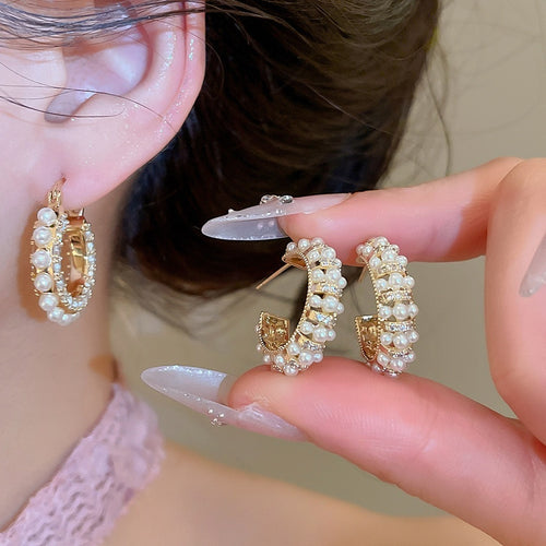 Chic Geometric 14K Gold Plated Silver Post Zircon Round Faux Pearl Stud Earrings For Women