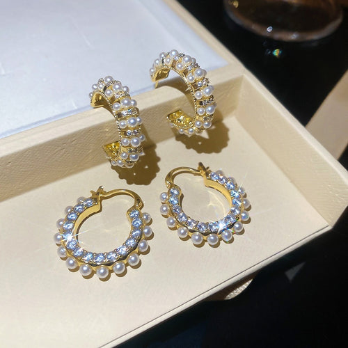 Chic Geometric 14K Gold Plated Silver Post Zircon Round Faux Pearl Stud Earrings For Women