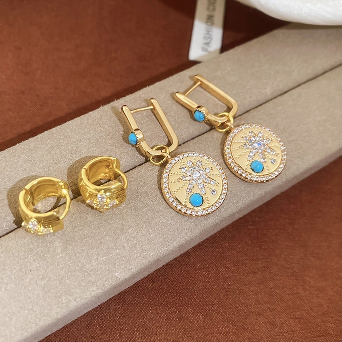 18K Gold Plated Copper Zircon Round Hoop Earrings Vintage Ethnic Geometric Light Luxury Jewelry