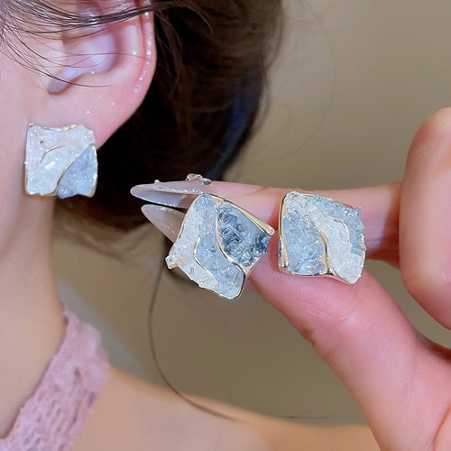 Blue Gradient Faux Crystal Rhombus Stud Earrings With Silver Pins, Elegant Minimalist Modern Jewelry